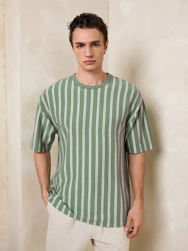 Men's T-Shirt Green and Cream Vertical Stripe
